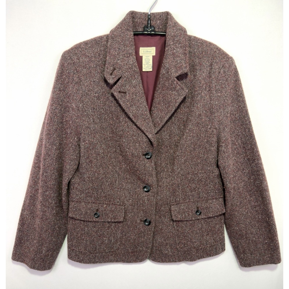 L.L.Bean Womens M Petite Herringbone Tweed Blazer Wool Silk Burgundy Jacket